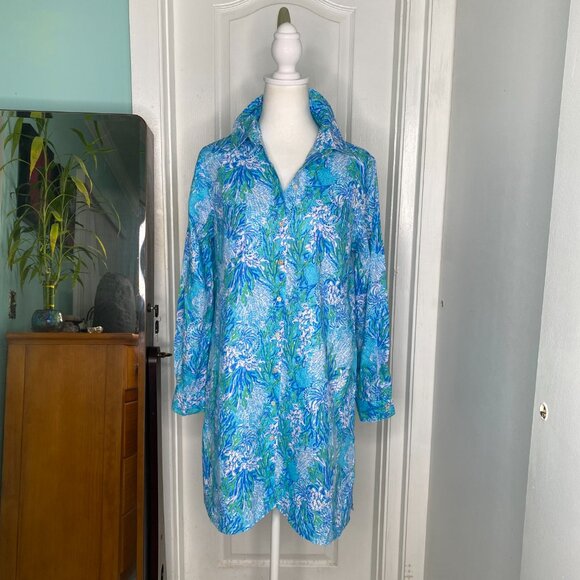 Lilly Pulitzer Blue & Green Women's Long Sleeve Button Down Tunic, Size S #352 - Picture 3 of 10